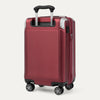 Slanted rear view of Travelpro Platinum Elite Hardside Spinner in Daring Red, showing USB Charging Port and PowerScope Extension Handle.