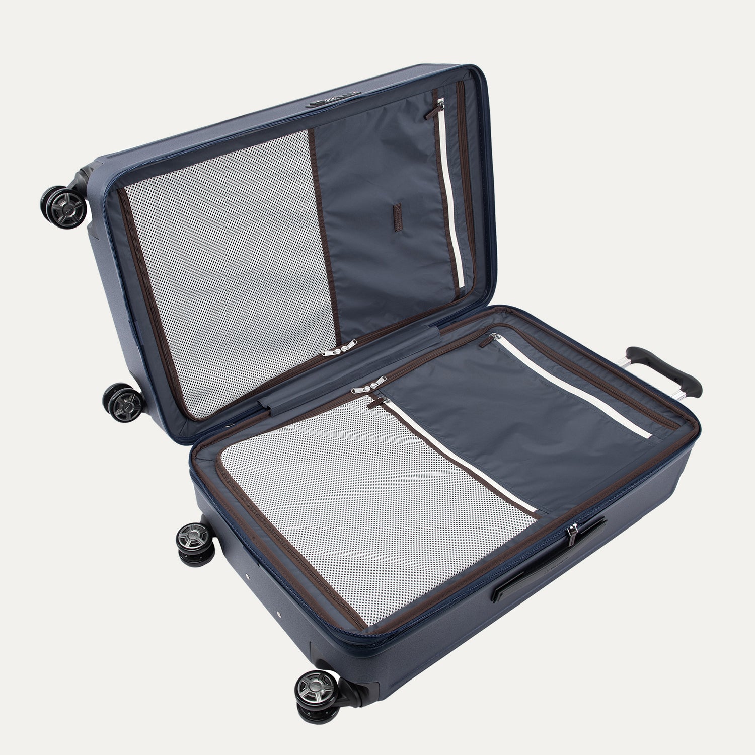 Open suitcase with closed compartments and black wheels on a white background