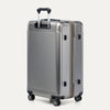 Metallic sand suitcase with a textured surface on a white background