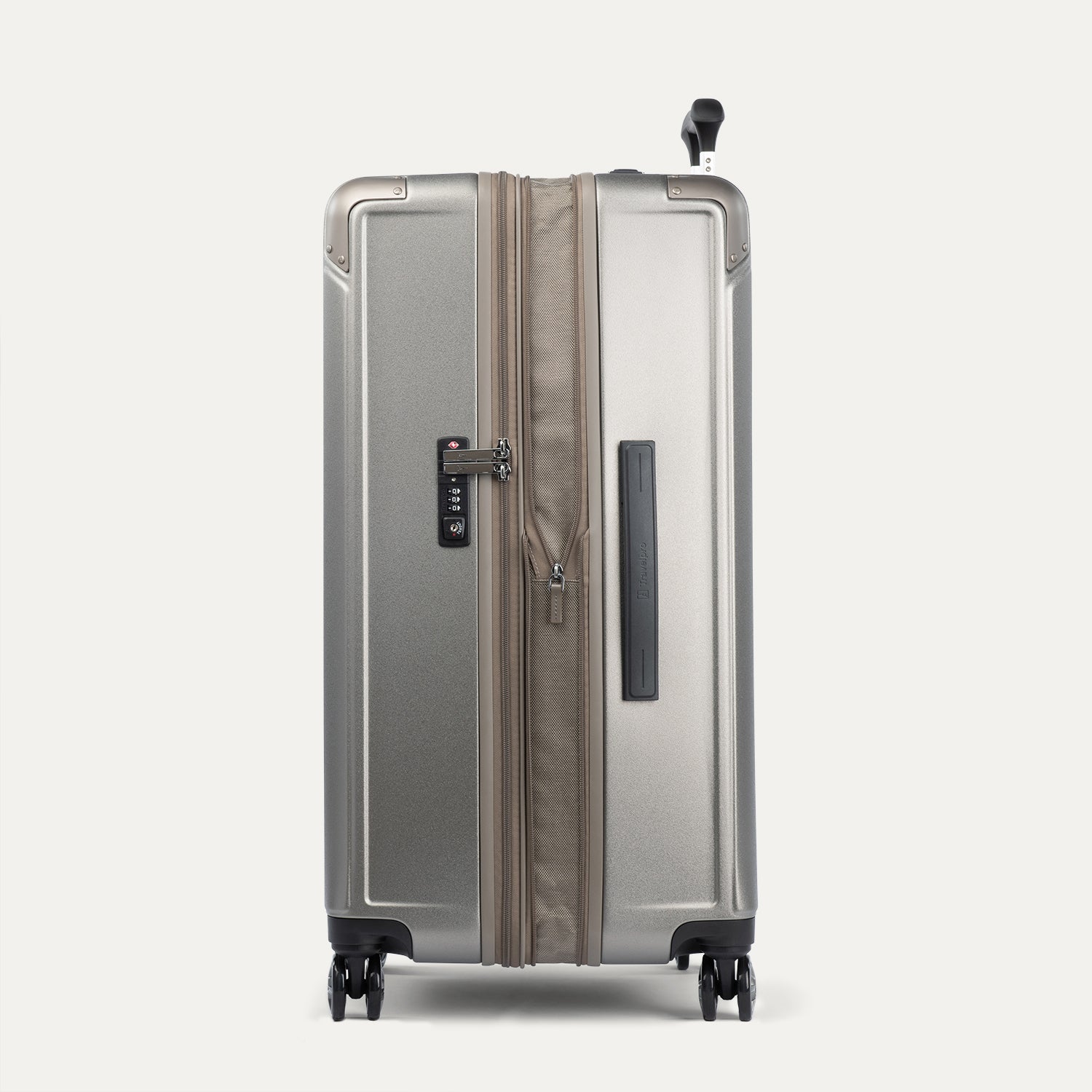 Side view of expanded metallic sand suitcase with combination lock on a white background
