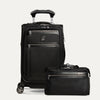 A black 2-piece luggage set with a 21-inch expandable carry-on spinner and an underseat tote, both with Travelpro Platinum branding and polished chrome zippers.