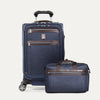 A set of two pieces of luggage, featuring a expandable carry-on spinner and a underseat tote, both in navy color with premium leather accents.