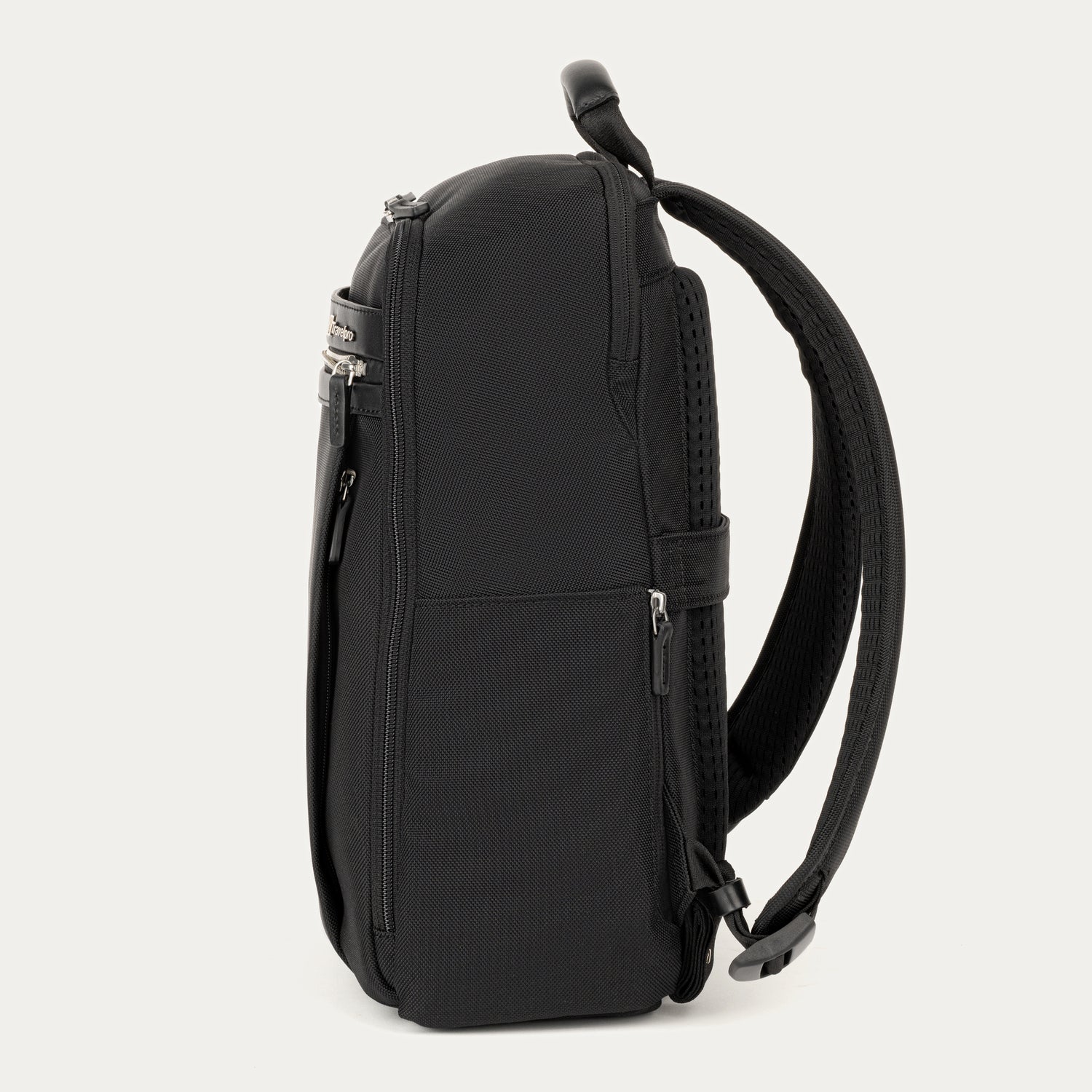 Side view of black backpack on a white background