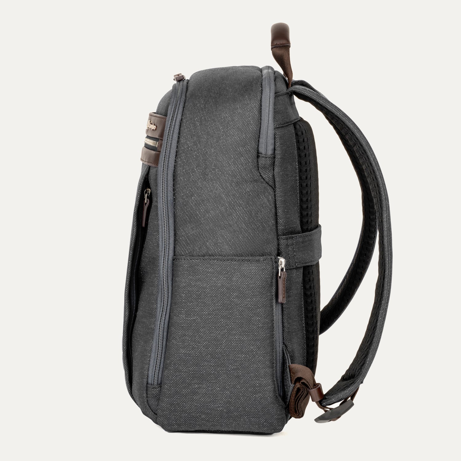 Side view of true navy backpack on a white background