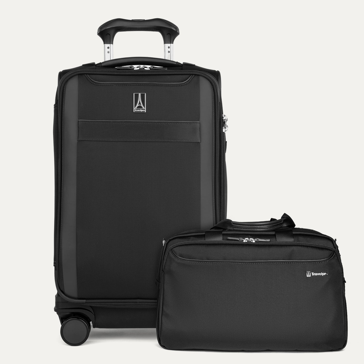 Black suitcase with black tote