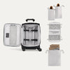 interior of black carry on suitcase with packing organizer and shoe bags