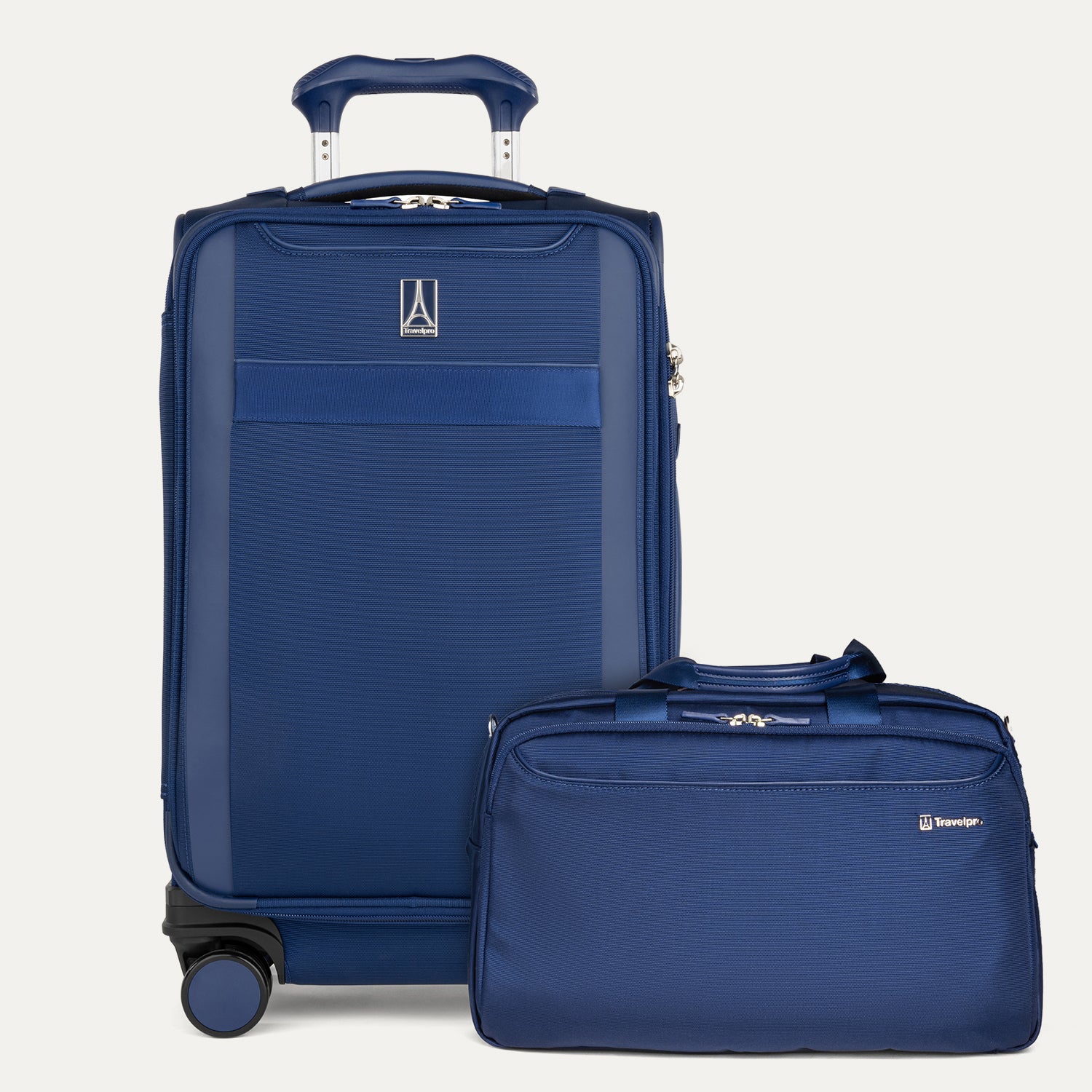 Blue suitcase and travel bag with a visible brand logo on a white background