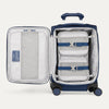 Blue suitcase with open compartment showing organized packing