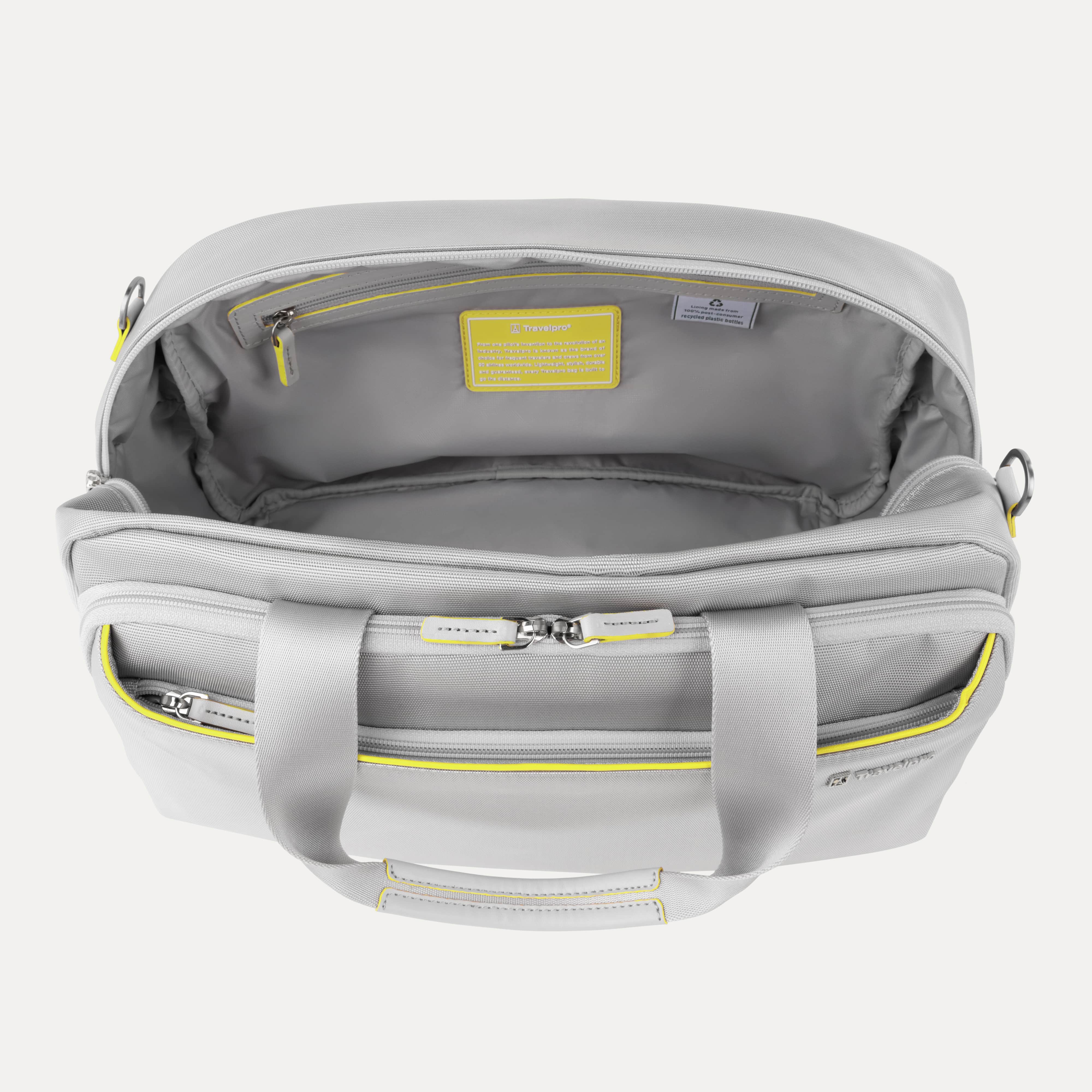 interior of grey tote bag showing the pockets