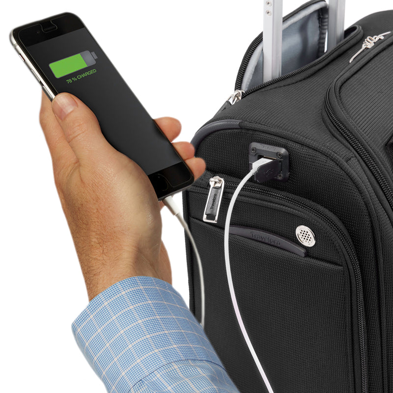 phone attached to suitcase using USB charging port