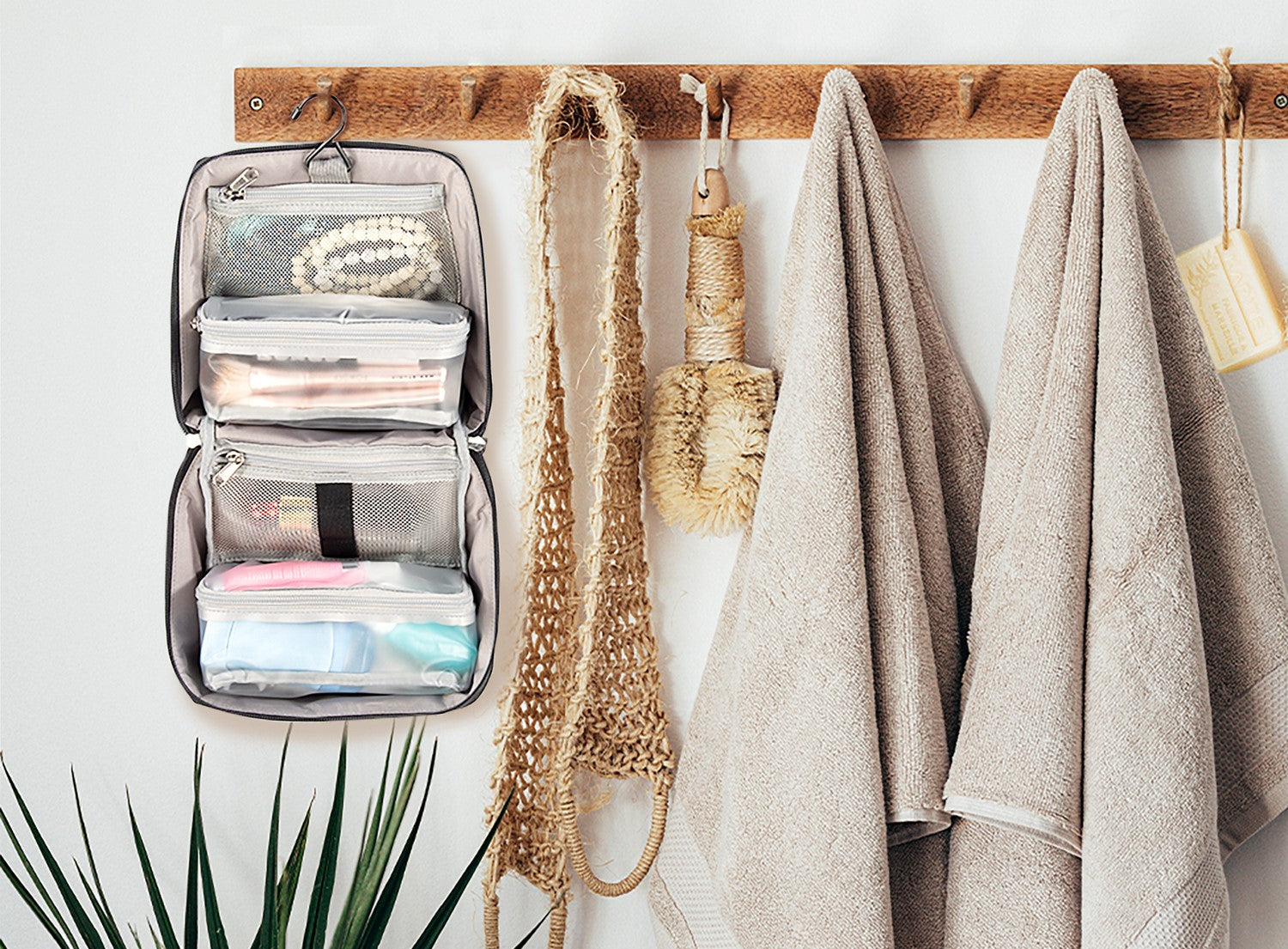 Hanging toiletry bag in bathroom