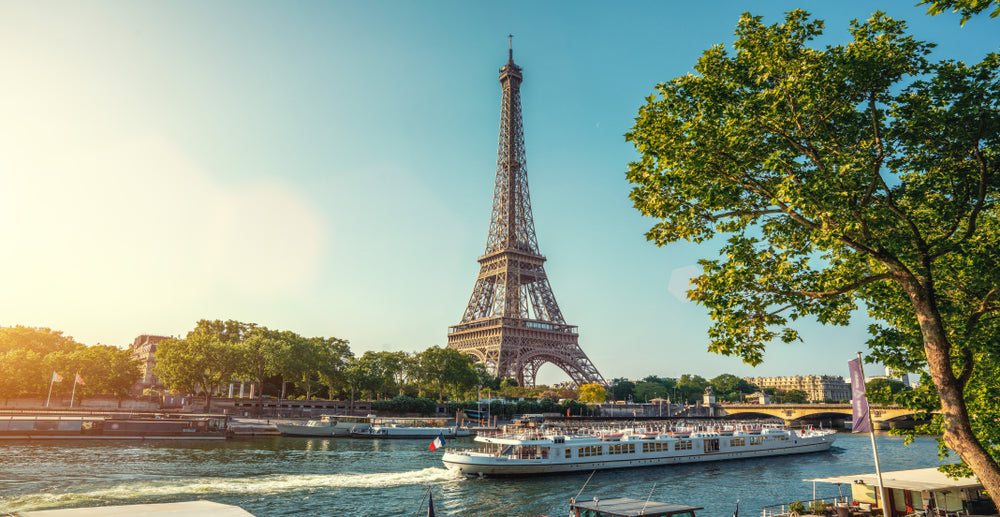 Eiffel Tour in Paris France looking over Seine River 