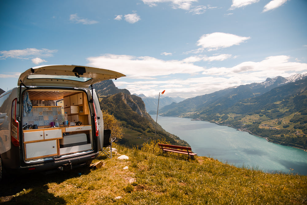 van parked overlooking lake