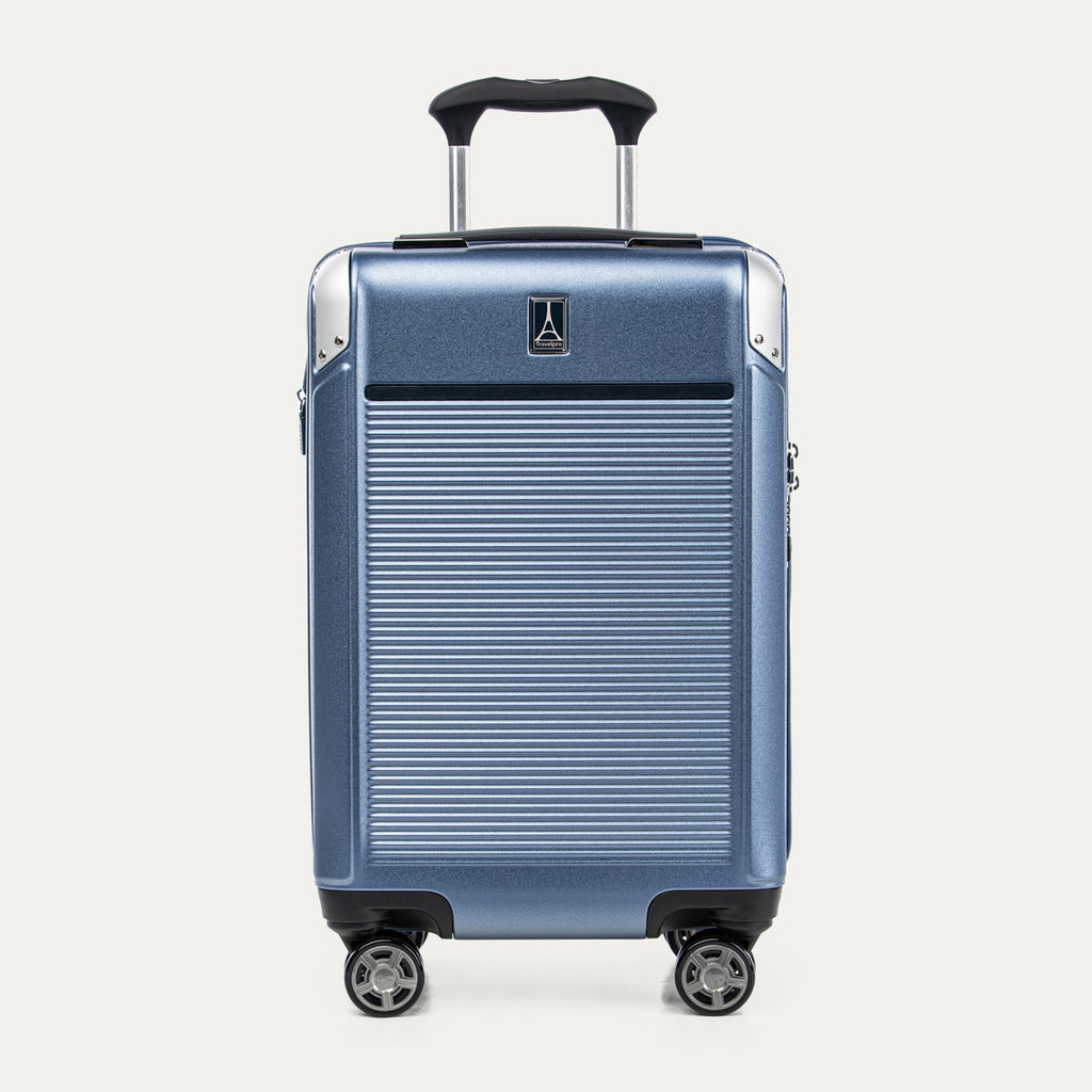 Front view of Travelpro Platinum Elite Carry-On Hardside Spinner in Dark Sky Blue, featuring an ultra-strong aluminum shell and extension handle.
