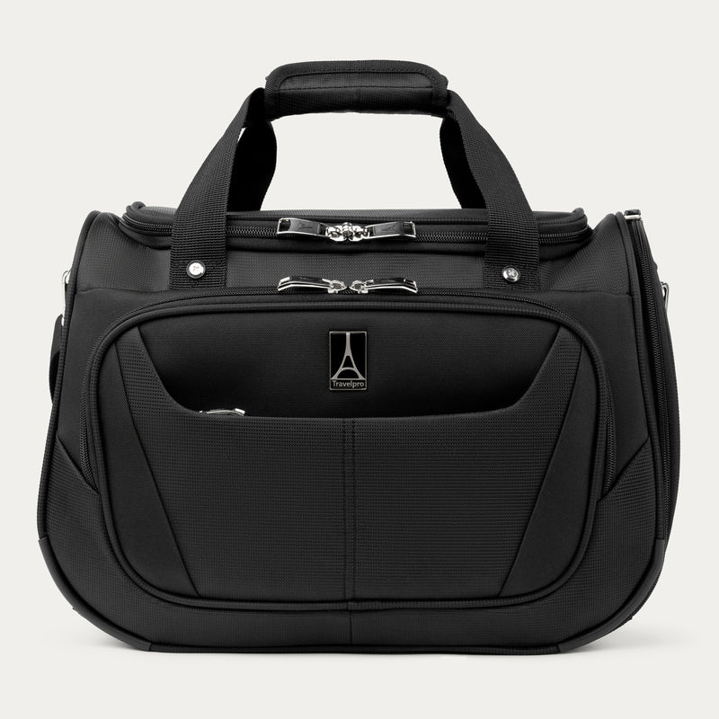 front view of the black travelpro maxlite 5 soft tote showing the quick-access front flap with the travelpro logo, top carry handles, and dual-zipper main compartment.