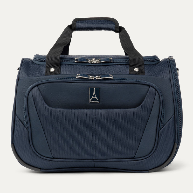 front view of the midnight blue travelpro maxlite 5 soft tote showing the quick-access front flap with the travelpro logo, top carry handles, and dual-zipper main compartment.