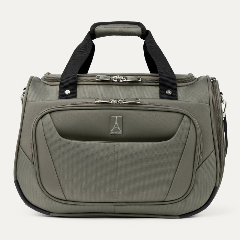 front view of the slate green travelpro maxlite 5 soft tote showing the quick-access front flap with the travelpro logo, top carry handles, and dual-zipper main compartment.