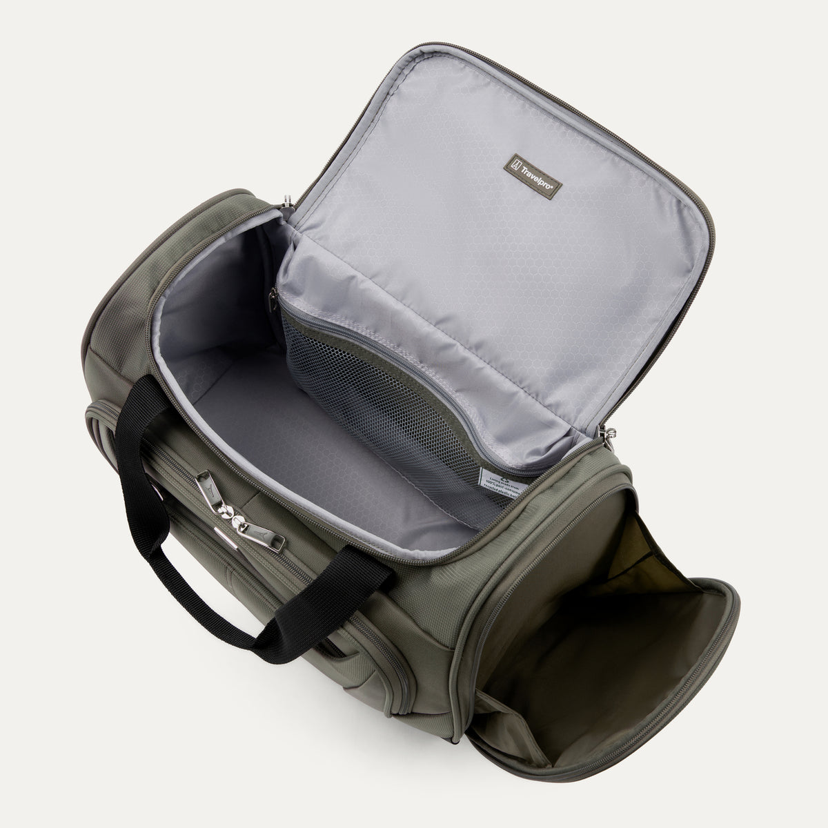 interior view of the open slate green travelpro maxlite 5 soft tote showing the spacious main compartment with gray ecofab lining and a large mesh zippered pocket under the lid.