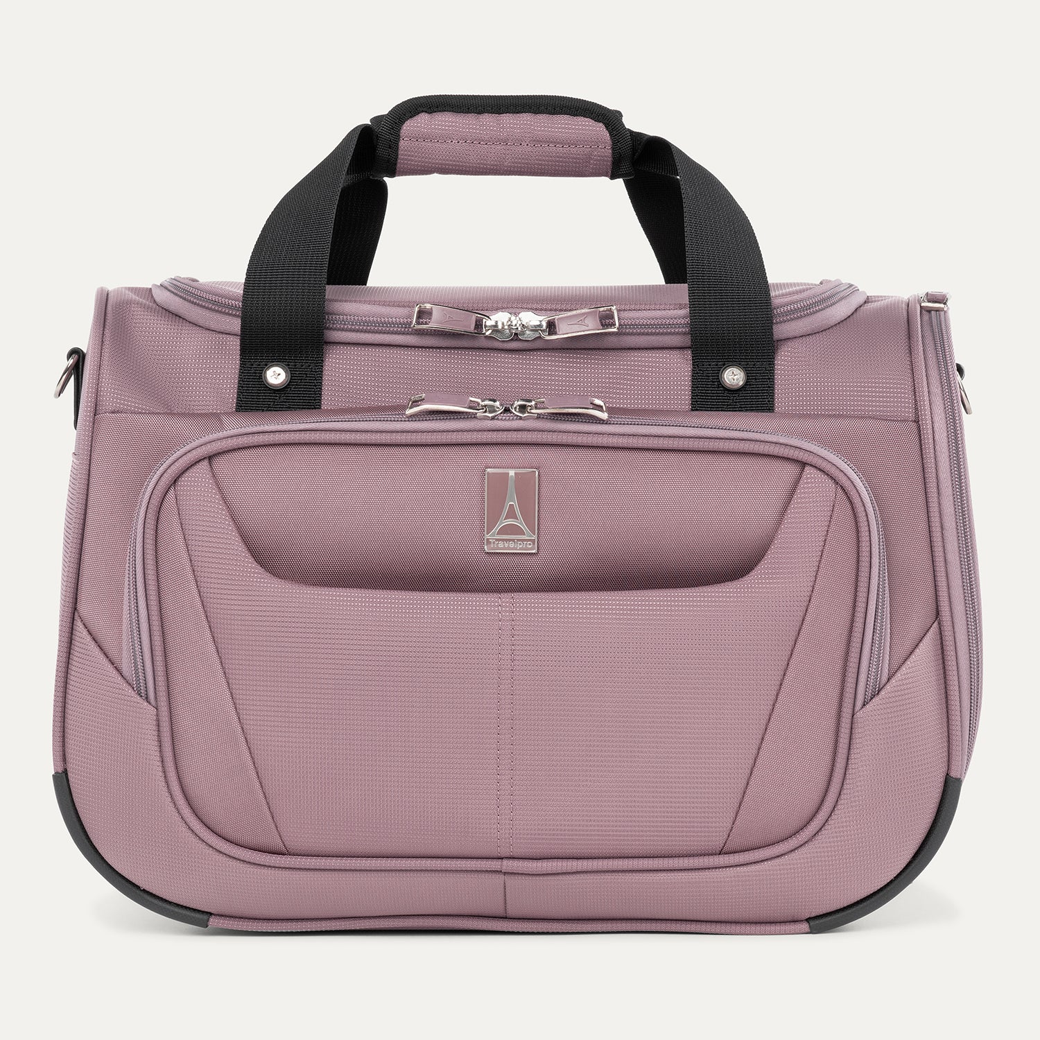front view of the dusty rose pink travelpro maxlite 5 soft tote showing the quick-access front flap with the travelpro logo, top carry handles, and dual-zipper main compartment.
