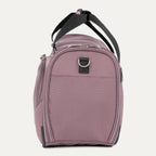 side profile view of the dusty rose pink travelpro maxlite 5 soft tote showing the reinforced side panel, top carry handles, and the metal d-ring for shoulder strap attachment.