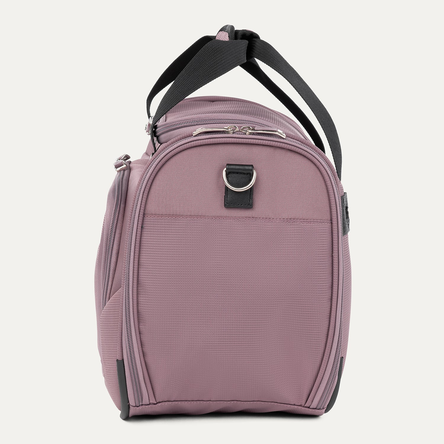 side profile view of the dusty rose pink travelpro maxlite 5 soft tote showing the reinforced side panel, top carry handles, and the metal d-ring for shoulder strap attachment.