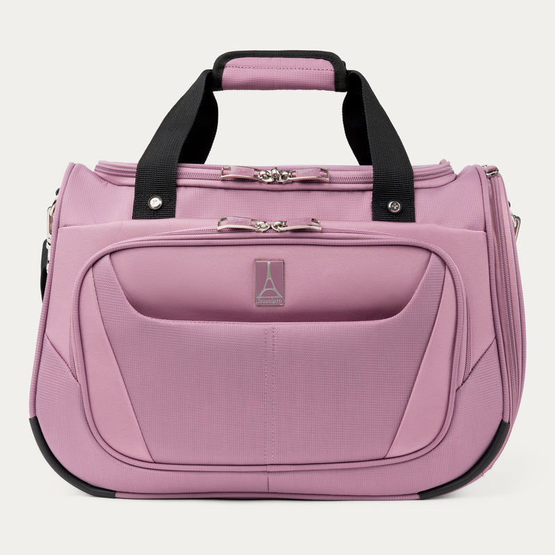 front view of the orchid pink travelpro maxlite 5 soft tote showing the quick-access front flap with the travelpro logo, top carry handles, and dual-zipper main compartment.