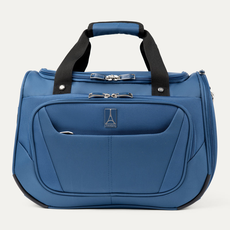 front view of the ensign blue travelpro maxlite 5 soft tote showing the quick-access front flap with the travelpro logo, top carry handles, and dual-zipper main compartment.