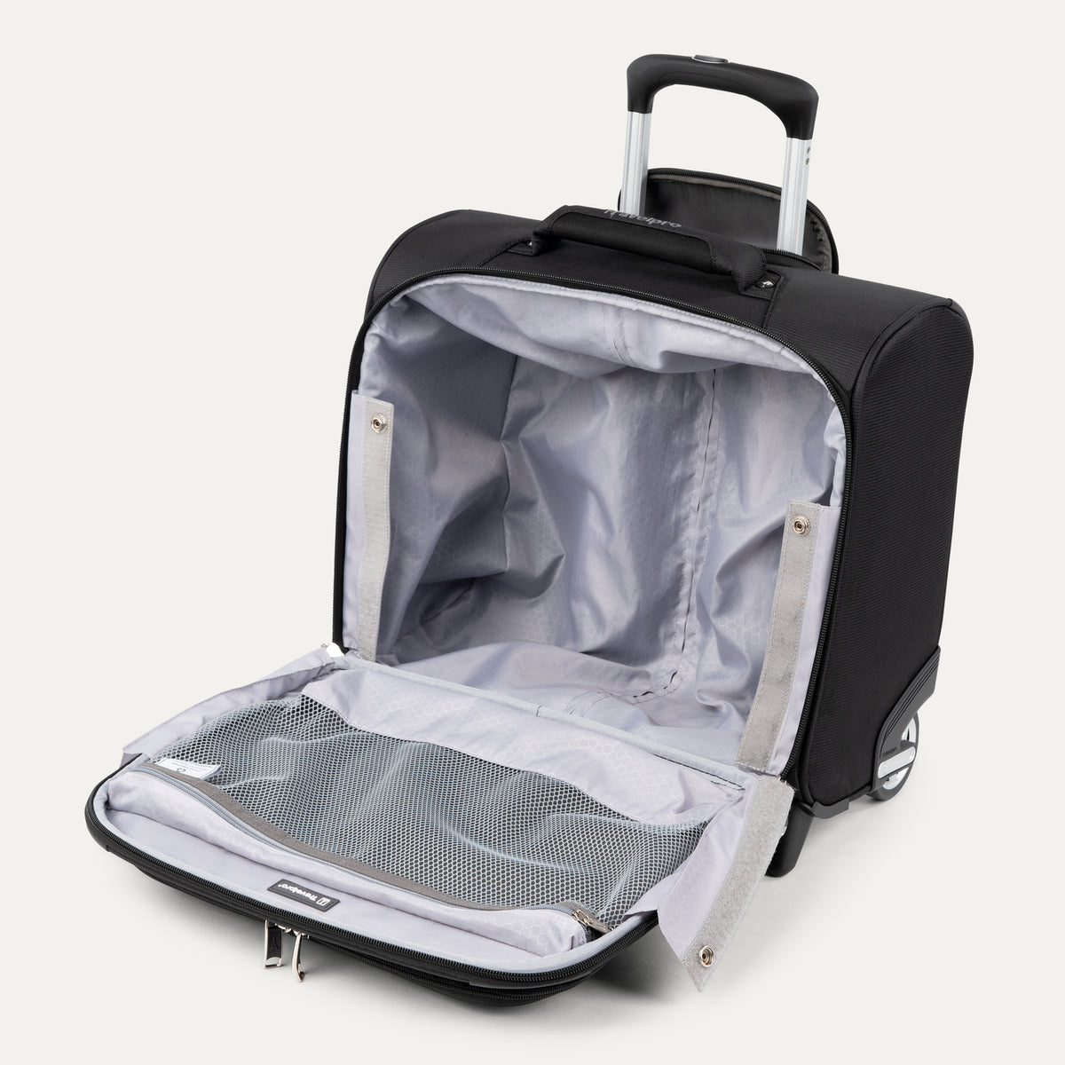 interior view of the open black travelpro maxlite 5 carry-on rolling tote showing the light gray ecofab lining, a large mesh zippered lid pocket, and the roomy main compartment.