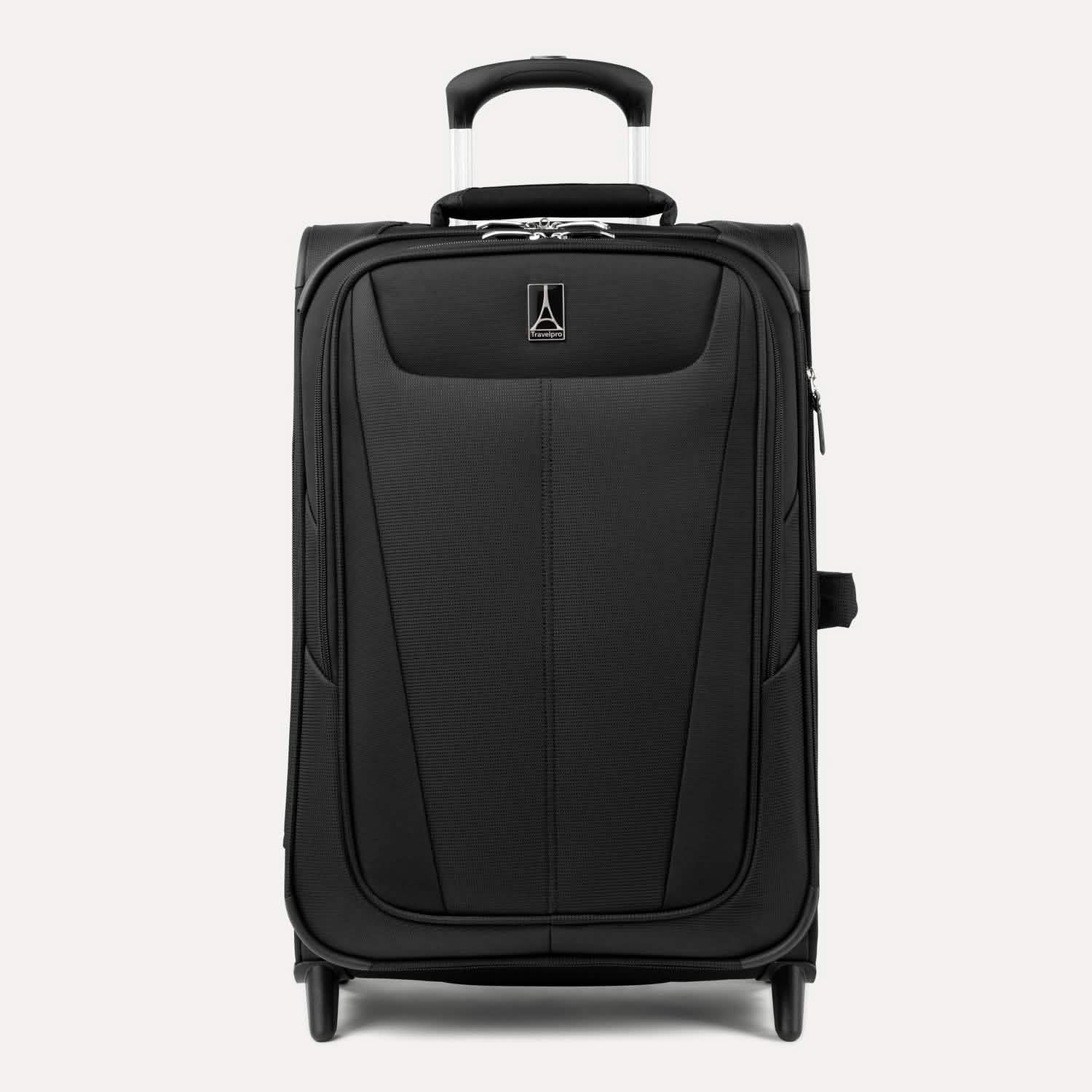 Front view of Maxlite 5 Carry-On Rollaboard in Black, showing two front zippered compartments and a top carry handle.
