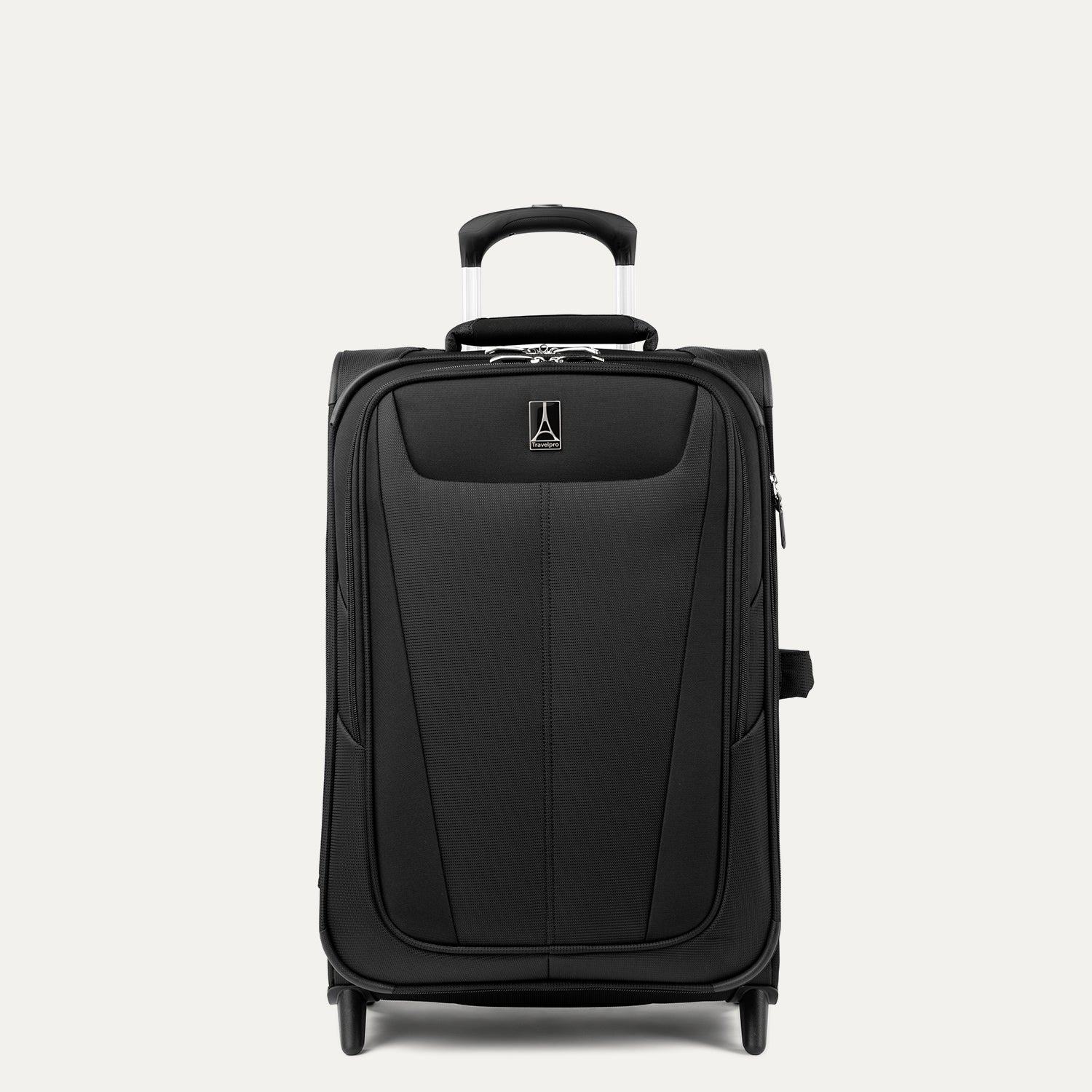 Front view of Maxlite 5 Carry-On Rollaboard in Black, showing two front zippered compartments and a top carry handle.