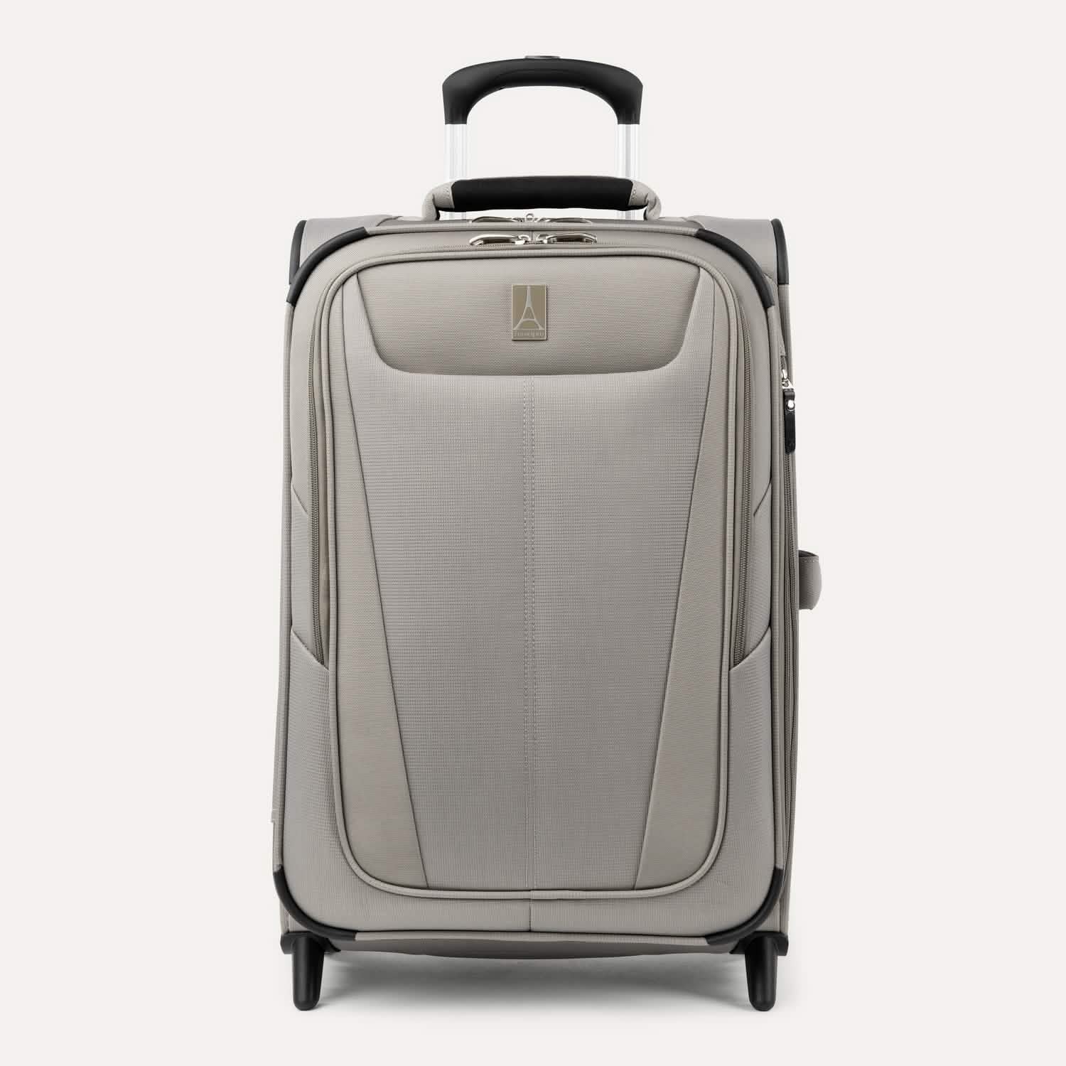 Front view of Travelpro Maxlite 5 Carry-On Rollaboard in Gray, shown with extended handle and two rear wheels.
