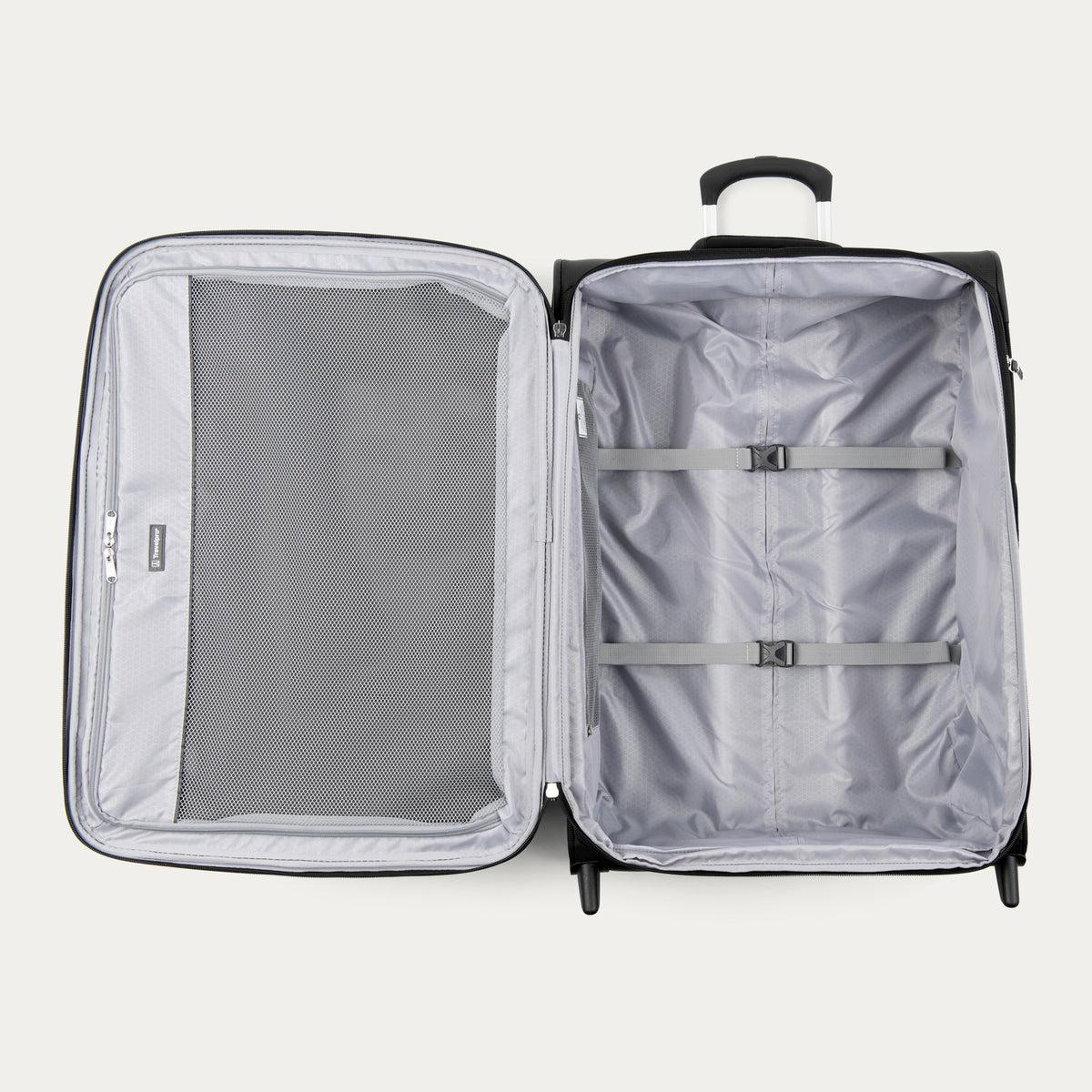 interior view of the open black travelpro maxlite 5 medium check-in rollaboard showing the light gray ecofab lining, a large interior mesh zippered lid pocket, and adjustable hold-down straps in the main compartment.