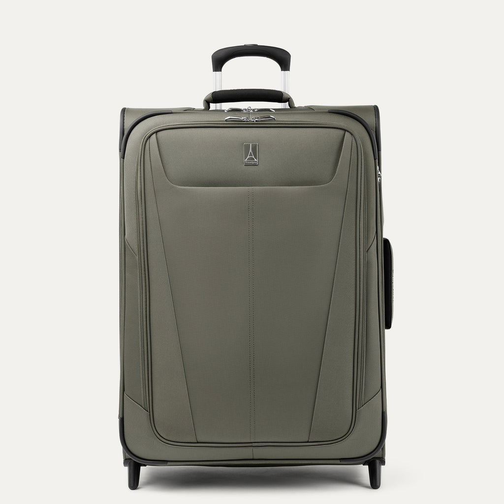 Front view of Maxlite 5 Medium Check-In Expandable Spinner in Slate Green, featuring sleek contouring and 4-wheel spinners.