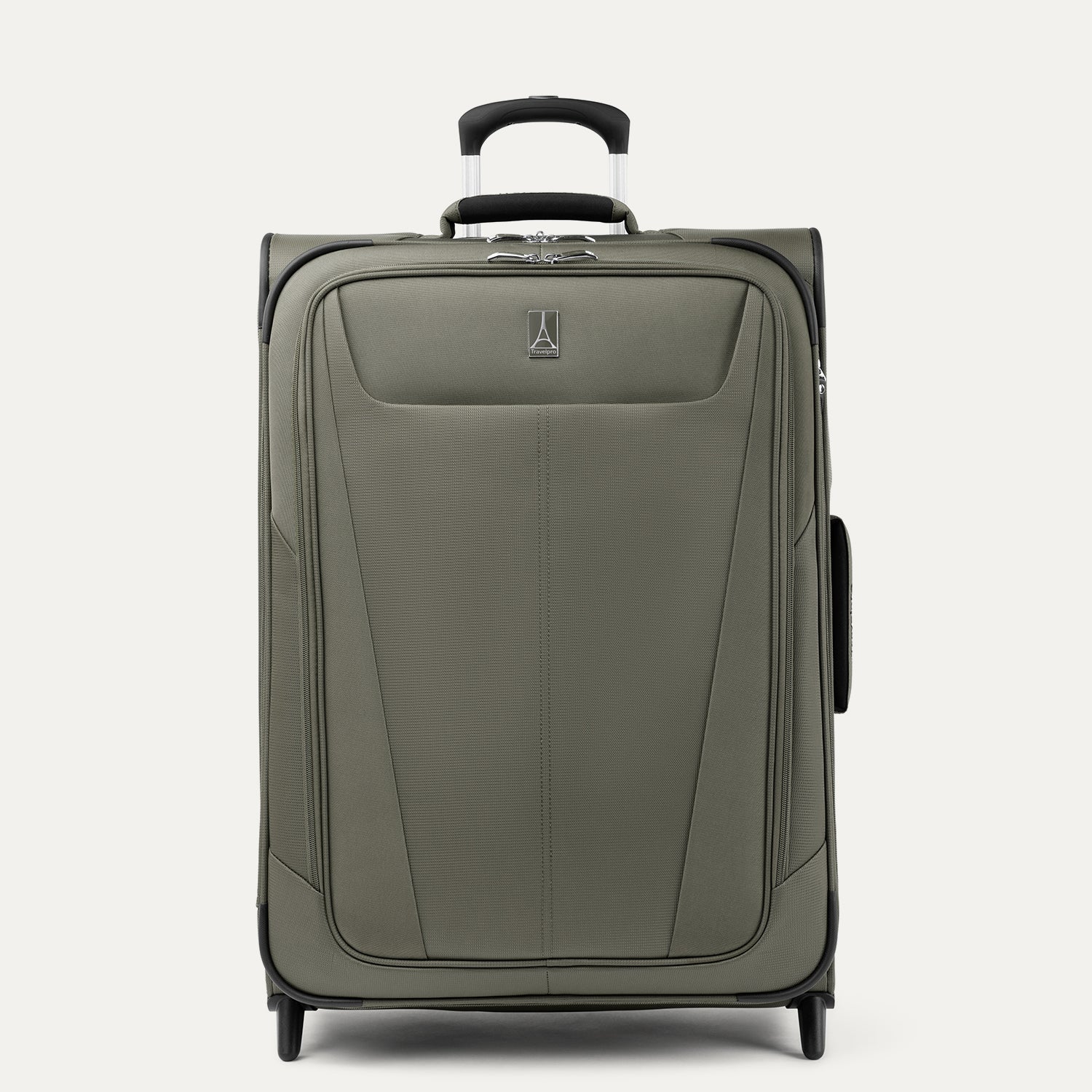 Front view of Maxlite 5 Medium Check-In Expandable Spinner in Slate Green, featuring sleek contouring and 4-wheel spinners.