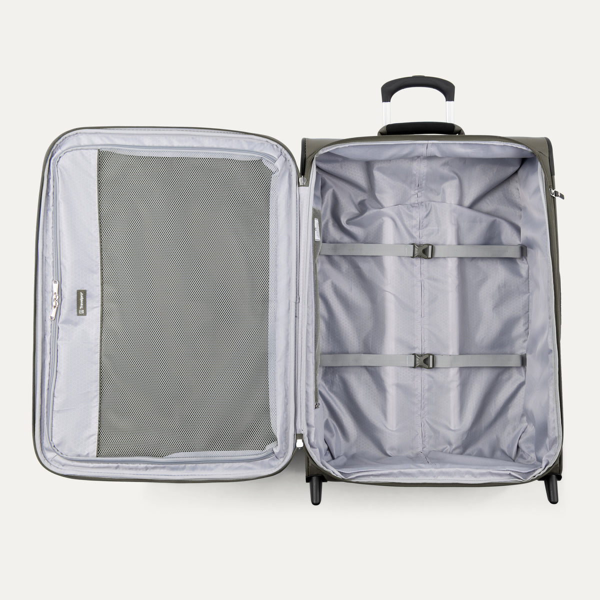 interior view of the open slate green travelpro maxlite 5 medium check-in rollaboard showing the light gray ecofab lining, a large interior mesh zippered lid pocket, and adjustable hold-down straps in the main compartment.