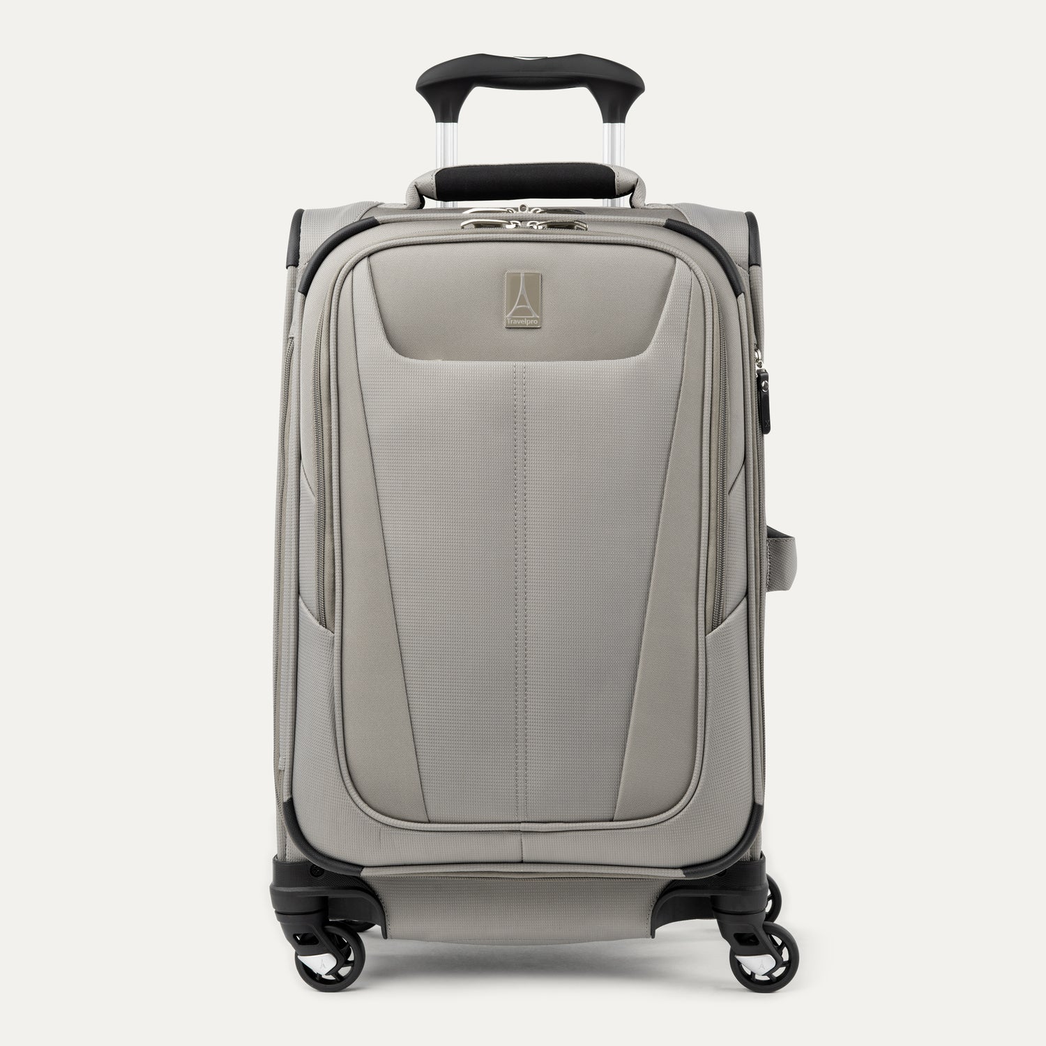 **Alt text:** Maxlite® 5 Carry-On Spinner in gray, featuring a lightweight softside design with a front zip pocket, four 360° spinner wheels, and an adjustable telescoping handle.
