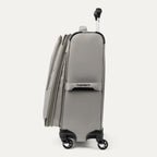 Side view of Maxlite® 5 Carry-On Spinner in gray, showcasing the side carry handle with Travelpro® branding, dual spinner wheels, and the lightweight profile.
