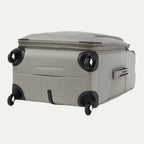 Bottom view of the medium size Maxlite® 5 Expandable Spinner in gray, showing the four spinner wheels, reinforced corners