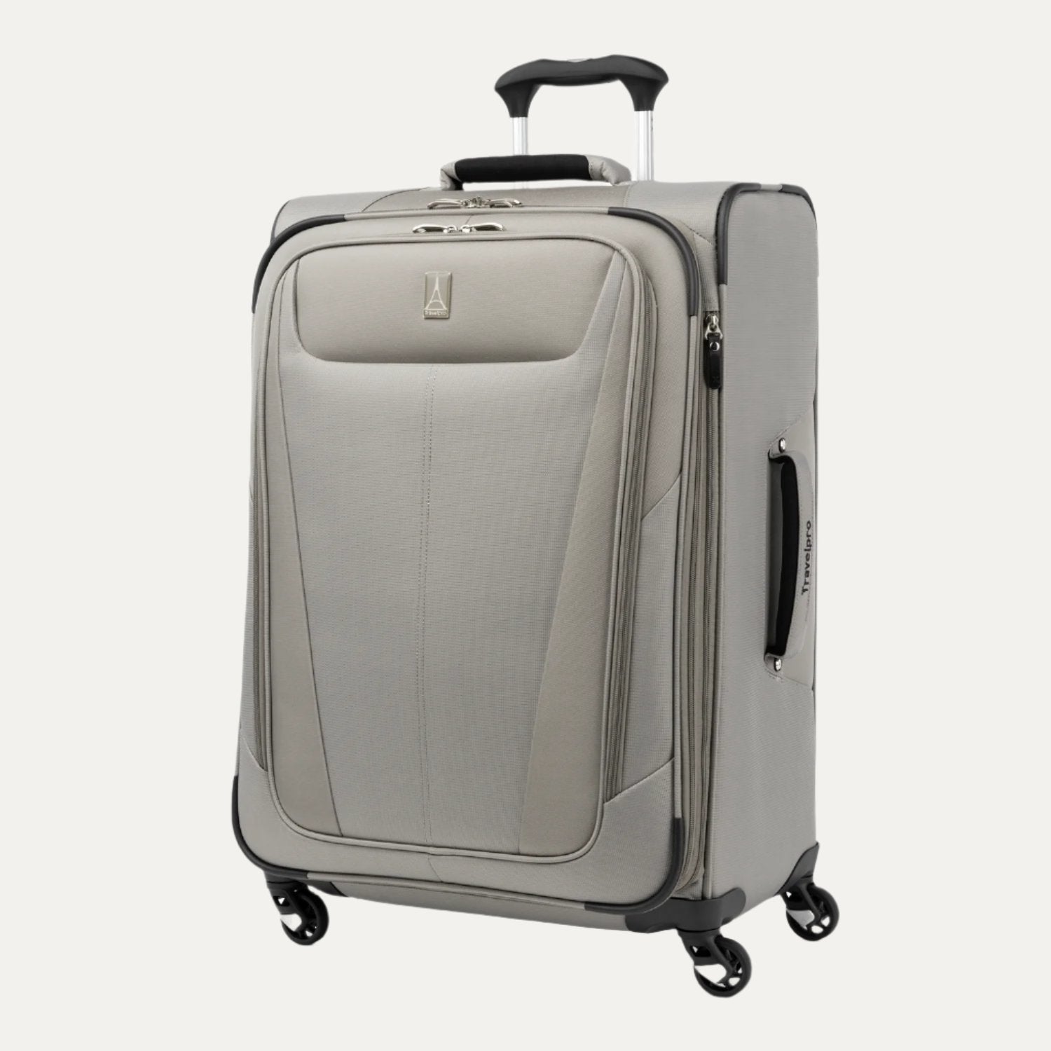 Slanted front view of the medium size Maxlite® 5 Expandable Spinner in gray, showcasing its sleek design, side carry handle, and four spinner wheels