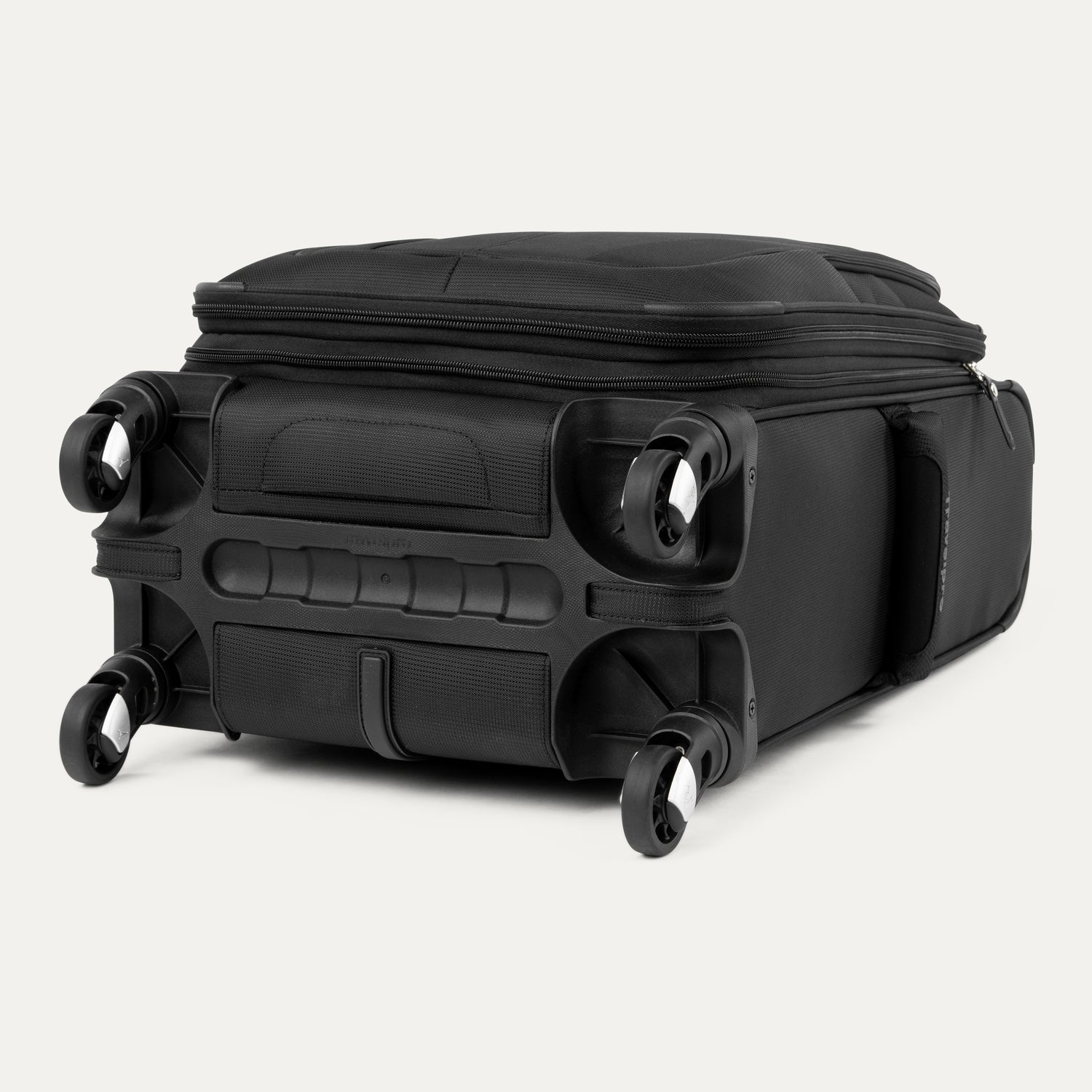 Black suitcase with black wheels on a white background