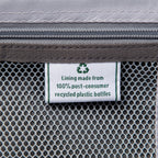 Label on a product indicating lining made from 100% post-consumer recycled plastic bottles.