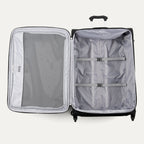 Open suitcase with interior compartments on a white background