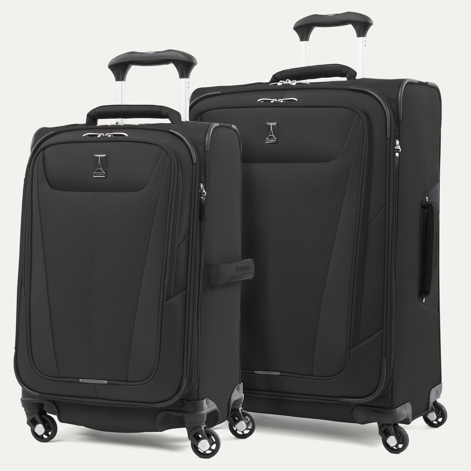Two black suitcases on a white background