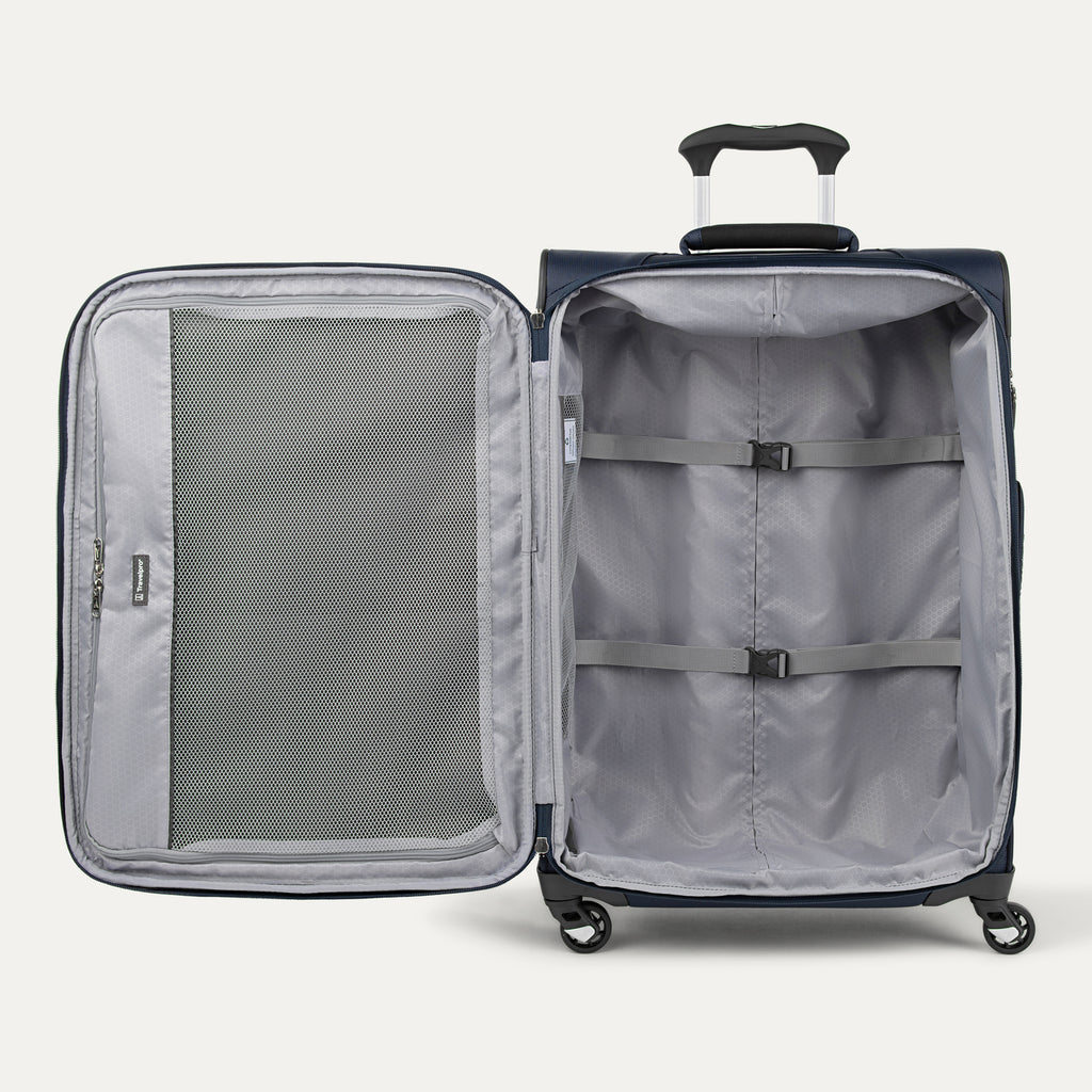 Open suitcase with gray interior on a white background