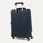 Blue suitcase with wheels and a handle on a light gray background