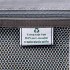 Label on a product indicating a lining made from 100% post-consumer recycled plastic bottles.