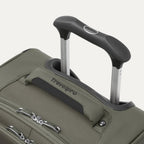 Green Travelpro suitcase with a black handle on a white background
