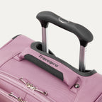 Close-up of a pink suitcase with black handle and wheels on a white background