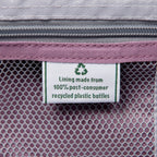 Label on a product indicating lining made from 100% post-consumer recycled plastic bottles.