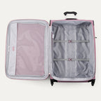 Open pink suitcase with interior compartments on a white background